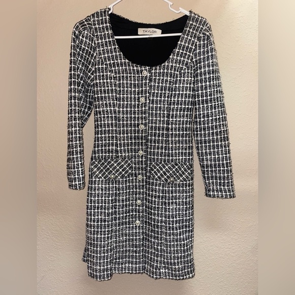 Taylor womens tweed black and white boule knit button front mini dress - Picture 2 of 5